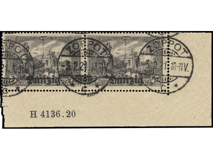 3 M. violettschwarz, rechtes unteres Eckrandpaar mit Aufdruck HAN H4136.20, gestempelt "ZOPPOT 3.2.21", selten, Fotoattest So