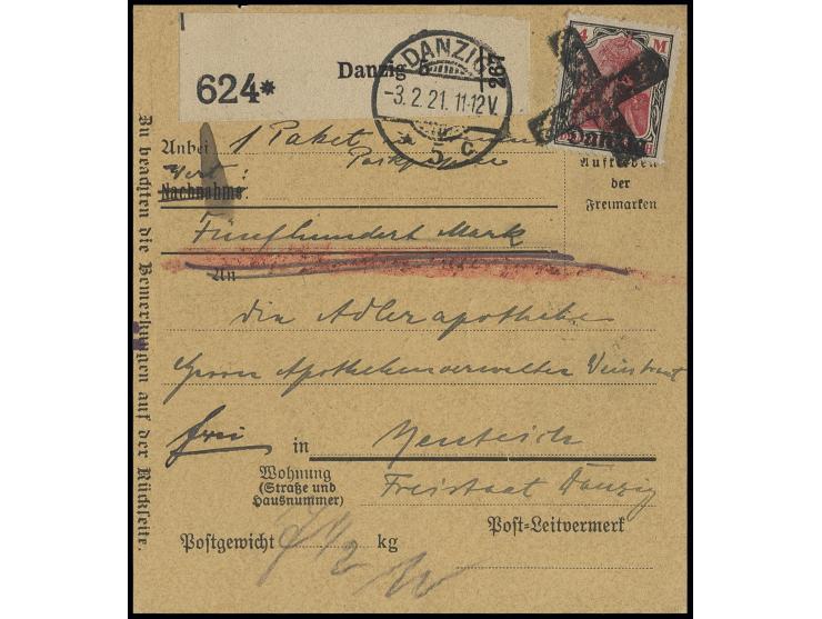 4 M. mit Korkstempel (Balkenkreuz) als Einzelfrankatur auf Wert-Paketkarte von "DANZIG 5 3.2.21" nach Neuteich mit Ankunftsst