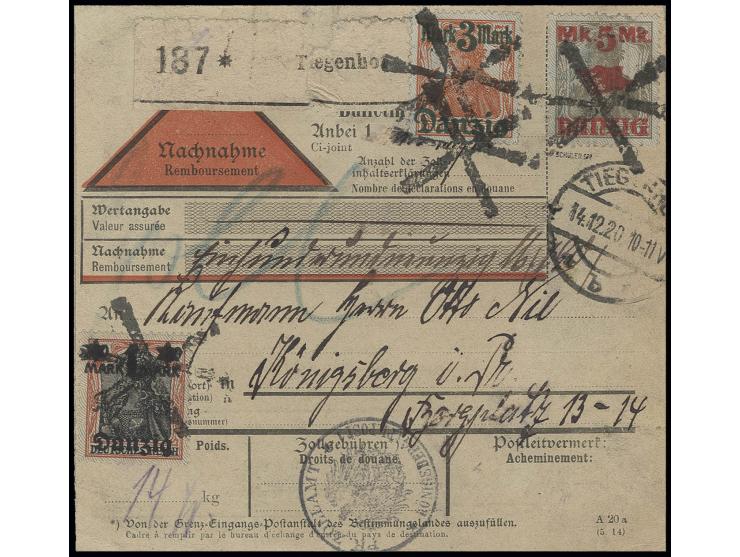 5 M. auf 2 Pfg., 3 M. auf 7 ½ Pfg. und 1 M. auf 30 Pfg. mit Korkstempel (6-strahliger Stern) auf Nachnahme-Paketkarte von "TI