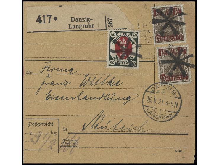 lilagrauer Unterdruck, Spitzen nach oben: 1 ¼ M. auf 3 Pfg. (2) und Staatswappen 50 Pfg. mit Korkstempel (6-strahliger Stern)