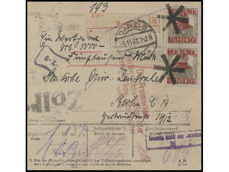 5 M. auf 2 Pfg., 3 Stück mit Korkstempel (6-strahliger Stern) vorder- und rückseitig auf Wert-Paketkarte von "DANZIG 1 5.11.2