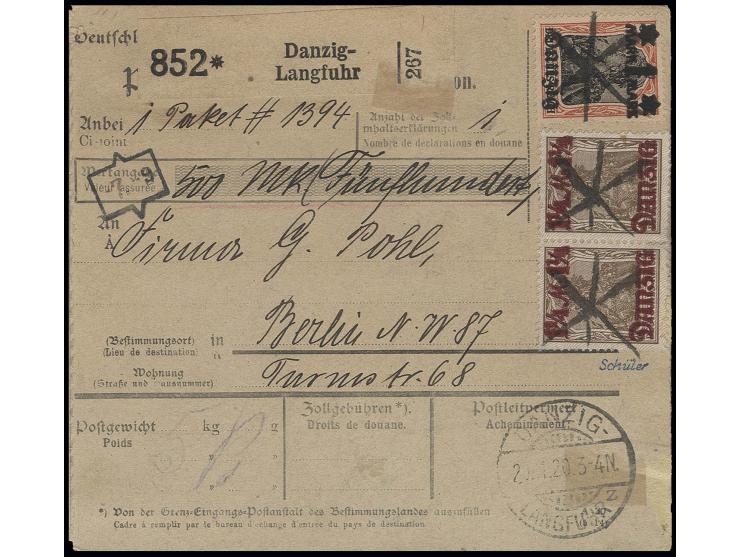 Spitzen nach unten: 1 ¼ M. auf 3 Pfg. im waagerechten Paar und 1 M. auf 30 Pfg. mit handschriftlicher Stern-Entwertung auf We