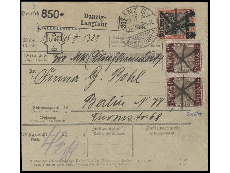 1 ¼ M. auf 3 Pfg. im waagerechten Paar und 1 M. auf 30 Pfg. mit handschriftlicher Stern-Entwertung auf Wert-Paketkarte von "D