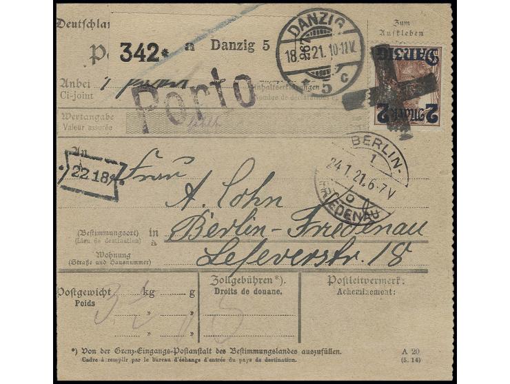 ohne Unterdruck: 2 M. auf 35 Pfg. mit Korkstempel als portogerechte Einzelfrankatur auf Paketkarte von "DANZIG 5 18.1.21" nac