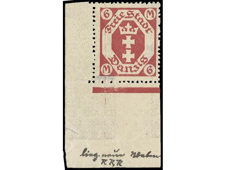 6 M. aus der linken unteren Bogenecke mit Wasserzeichen "liegende Maschen", postfrisch bzw. Falzreste im Bogenrand, Kabinett,