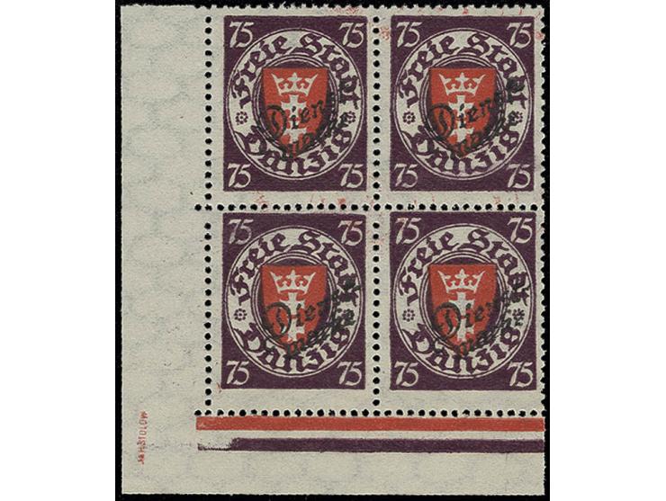 1924, 5-75 Pfg. einheitlich in Viererblocks aus der linken unteren Bogenecke, postfrisch bzw. im Rand teils Anhaftungen, Kabi
