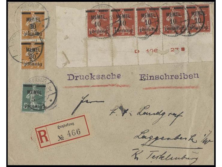 1920, 10 pfg. im waagerechten Fünferstreifen aus der linken unteren Bogenecke mit Druckdatum mit Zufrankatur (1 Werte stärker