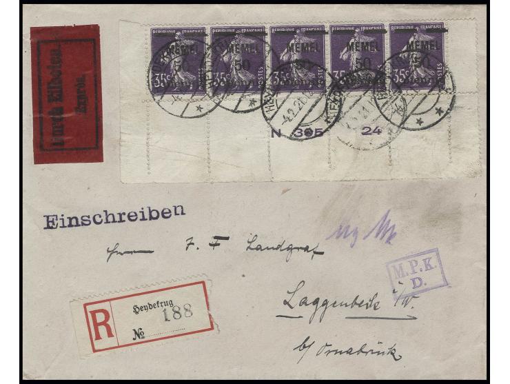 50 pfg. im waagerechten Fünferstreifen mit Druckdatum mit Stempel "HEYDEKRUG 4.2.21" auf eingeschriebenem Eil-Brief nach Lagg