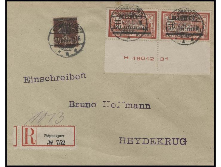 60 pfg. im waagerechten Paar mit Druckdatum mit Zufrankatur mit Stempel "SCHWARZORT 17.4.21" auf R-Brief nach Heydekrug, einm