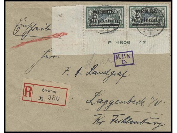80 pfg. im waagerechten Paar aus der linken unteren Bogenecke mit Druckdatum mit Stempel "HEYDEKRUG 2.6.21" auf R-Brief nach 