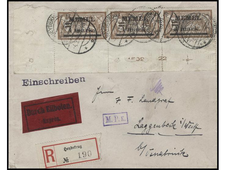 1 m. im waagerechten Dreierstreifen aus der linken unteren Bogenecke mit Druckdatum mit Stempel "HEYDEKRUG 4.2.21" auf einges