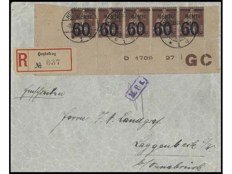 1921, 60 auf 50 pfg. im waagerechtem Fünferstreifen aus der linken unteren Bogenecke mit Druckdatum und "GC" mit Stempel "HEY