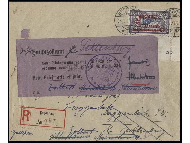 3 M. dunkelgrauviolett als Unterrandstück mit Druckdatum mit Stempel "HEYDEKRUG 24.5.21" auf R-Brief nach Laggenbeck, vorder-