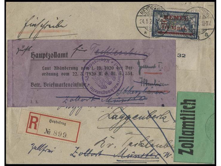 10 M. mit Unterrand und nicht ganz komplettem Druckdatum mti Stempel "HEYDEKRUG 24.5.21" auf R-Brief nach Laggenbeck, rechts 