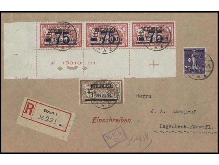 1922, 75 auf 60 Pfg. im waagerechten Dreierstreifen aus der linken unteren Bogenecke mit Druckdatum mit Zufrankatur mit Stemp