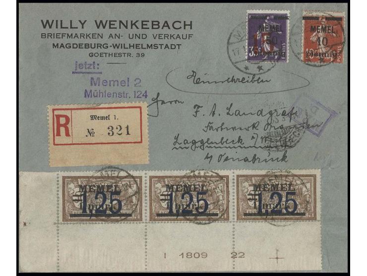 1,25 auf 1 m. im waagerechten Dreierstreifen aus der linken unteren Bogenecke mit Druckdatum mit Zufrankatur mit Stempel "MEM