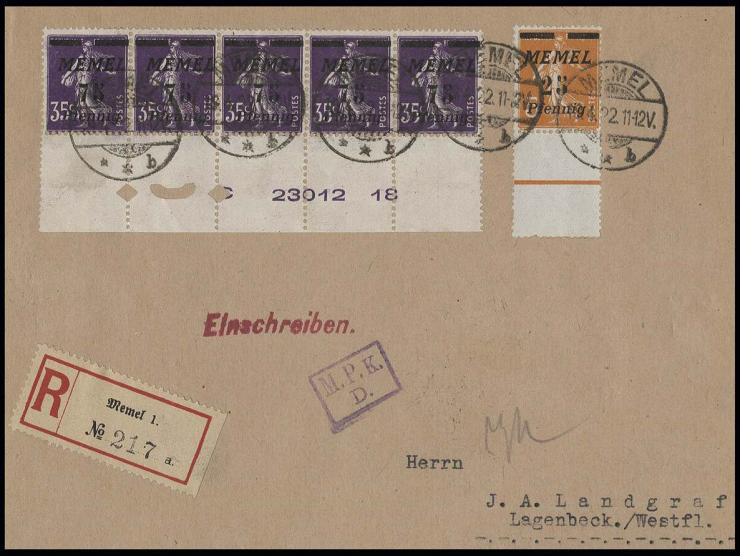 75 Pfg. im waagerechten Fünferstreifen mit Druckdatum mit Zufrankatur mit Stempel "MEMEL 19.4.22" auf R-Brief nach Laggenbeck