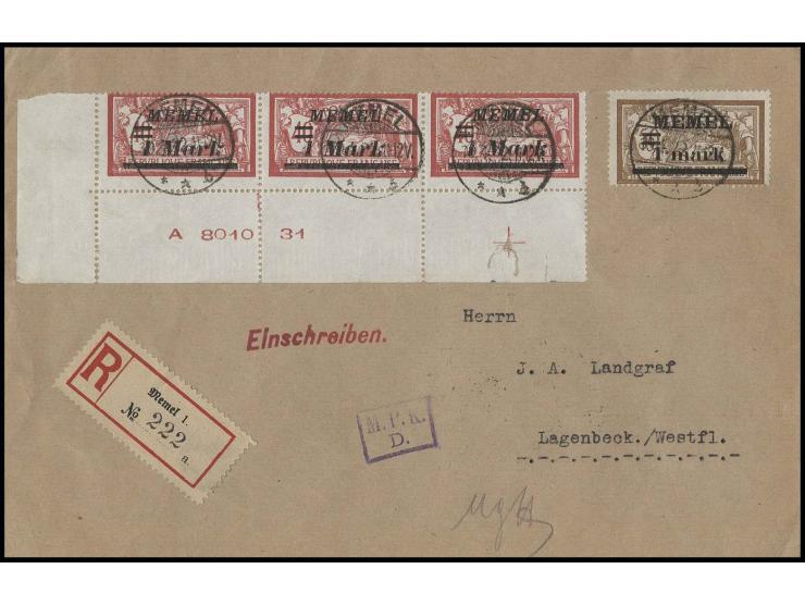 1 M. im waagerechten Dreierstreifen aus der linken unteren Bogenecke mit Druckdatum mit Zufrankatur mit Stempel "MEMEL 19.4.2