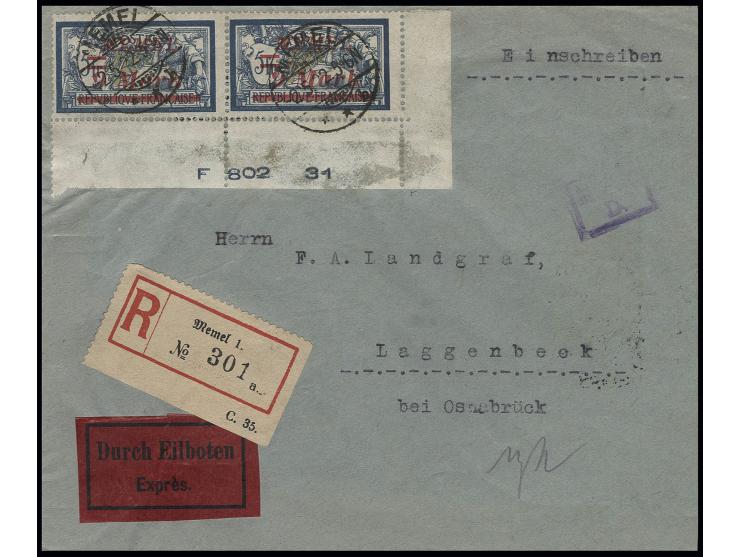9 M. im waagerechten Paar aus der rechten unteren Bogenecke mit Stempel "MEMEL 2.5.22" auf eingeschriebenem Eil-Brief nach La