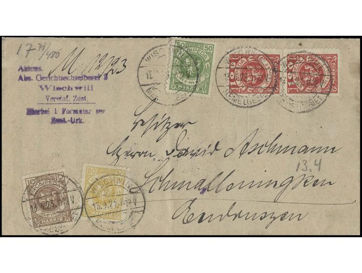 1923, 100 M. (2), 50 M., 20 M. und 10 M. mit Stempel "WISCHWILL MEMELGEBIET 13.4." auf kpl. Brief mit Zustellungsurkunde nach