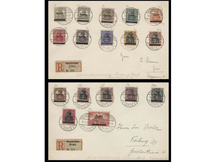 1920, "Sarre" auf Germania: 2 Pfg.-1 M. kpl., dabei 30 Pfg. Fälschung zum Schaden der Post, jeweils sauber gestempelt "NEUNKI