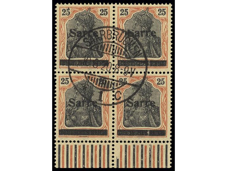 Type III: 25 Pfg. gelborange im Unterrand-4er-Block, dabei rechte obere Marke mit Abart "abgeschliffenes S", sauber gestempel