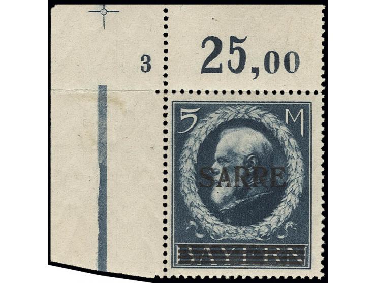 5 M., linkes oberes Eckrandstück, zwischen Oberrand und Marke gefaltet, postfrisch, Pracht, sign. Dr. Dub (Käferzeichen) sowi