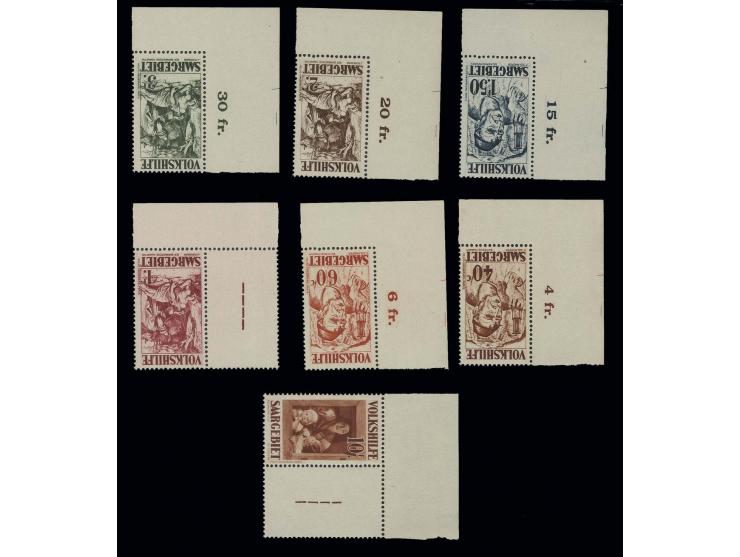 1931, Volkshilfe 40 C.-10 Fr. kpl., linke untere Eckrandstücke bzw. 1 und 10 Fr. Randstücke mit Teil des Zwischensteges, post