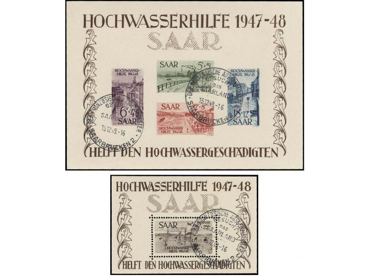 Hochwasser-Blockpaar mit Sonderstempel "Der französische Außenminister besucht das Saarland", Bl.1 mit Plattenfehler "Fenster