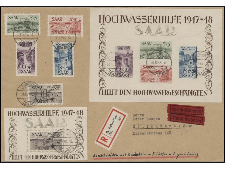 Hochwasser-Blockpaar und Hochwasserhilfe 5-25 Fr. auf eingeschriebenem Eilboten-Ortsbrief aus "ST.INGBERT 31.12.48" mit hands