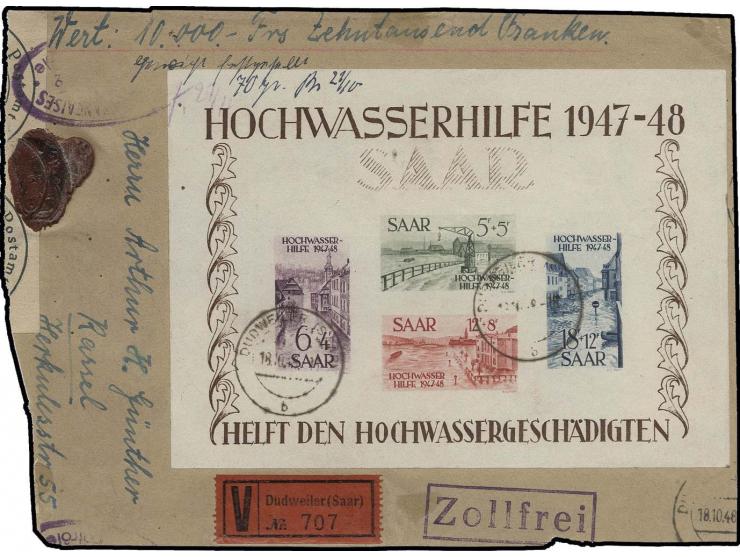 Hochwasser-Block 1 mit Plattenfehler "Riss im Landtagsgebäude auf Wertbriefvorderseite mit Stempel "DUDWEILER 18.10.48" und ü
