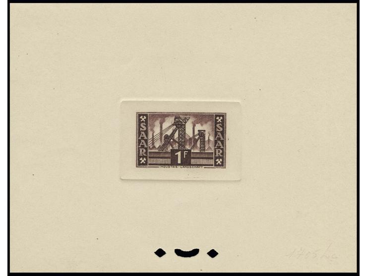 1952, Freimarken 1-30 Fr.,  7 verschiedene epreuve d'artist in braun im Blockformat auf Kartonpapier, verschiedene Farben
