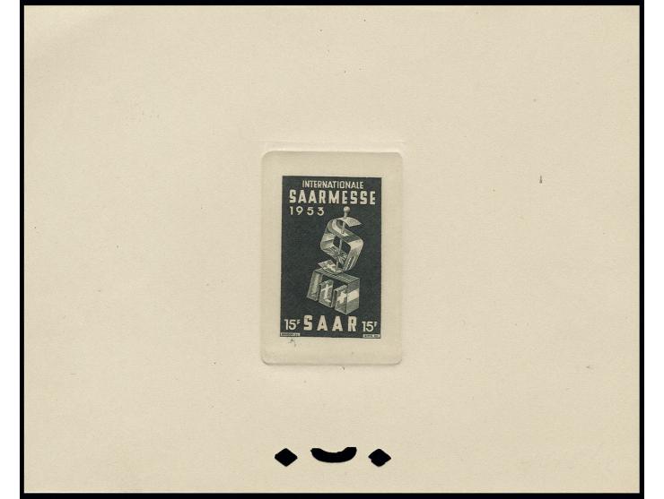 1953, Saarmesse 15 Fr., 4 epreuve d'artist im Blockformat auf Kartonpapier in verschiedenen Farben