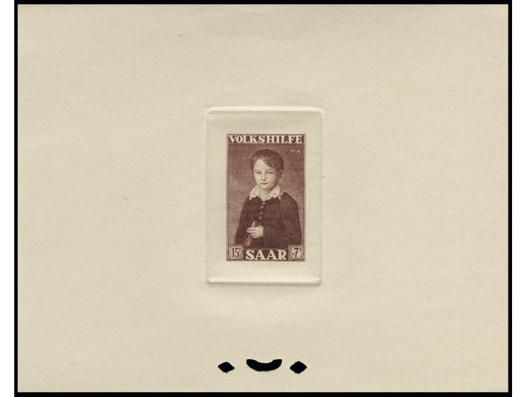 1954, Volkshilfe5-15 Fr. kpl. als epreuve d'artist in braun im Blockformat auf Kartonpapier