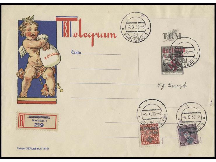 Masaryk-Block mit Handstempel-Aufdruck in Type II auf Telegramm-Vordruckumschlag mit Freimarken 20 H. und 60 H., Pracht, inne