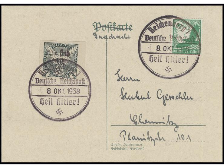 Zeitungsmarke 5 H. auf Karte mit Zufrankatur Deutsches Reich Flugpost 5 Pfg. von "REICHENBERG 8.OKT.1938", blanko, Kabinett, 