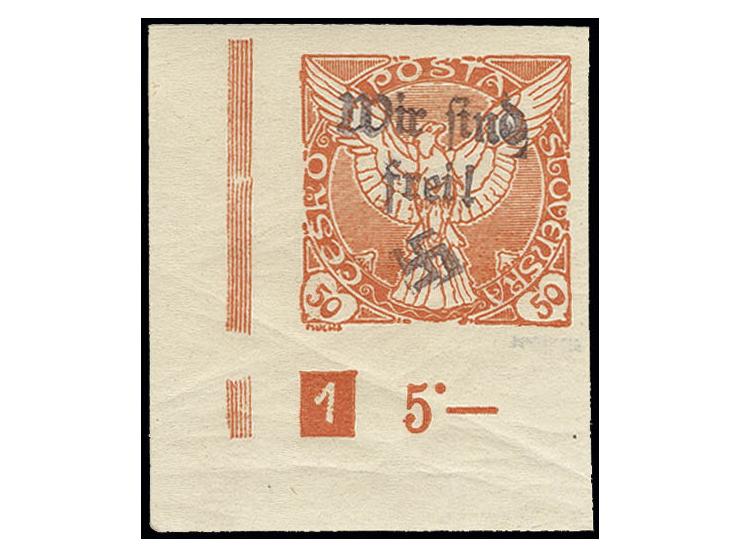 Zeitungsmarke 50 H. orange aus der linken unteren Bogenecke mit Plattennummer "5", postfrisch, im Unterrand mit Gummibug, Pra