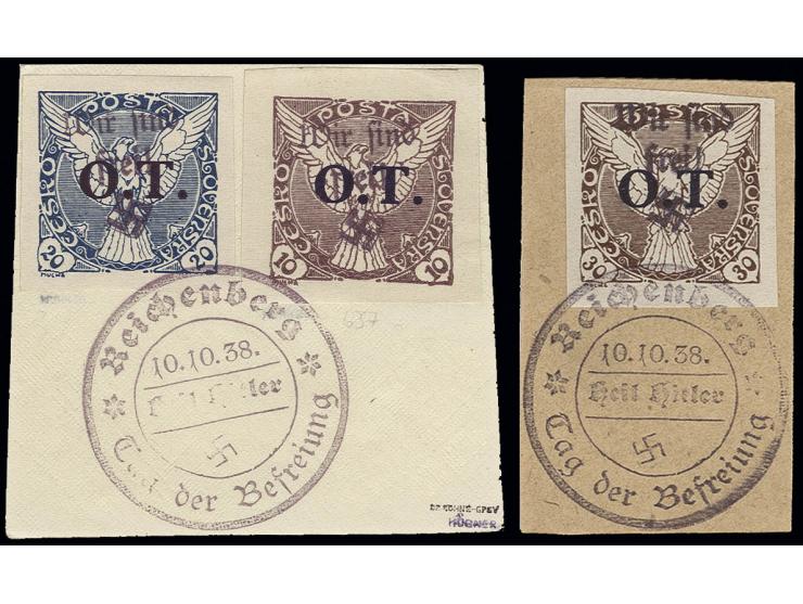 Zeitungsmarken "OT" 10-30 H. mit Stempel "Reichenberg 10.10.38" auf 2 Briefstücken , Kabinett, u.a. sign. Mahr BPP (Mi. 450,-