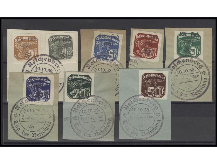 Zeitungsmarken 2 H.-1 Kc. bis auf 7 H. kpl. mit Stempel "REICHENBERG 10.10.38" auf auf 7 Briefstücken, Pracht, sign. Mahr BPP