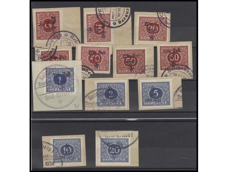 Portomarken 5 H.-20 Kc. kpl. mit Stempel Reichenbach auf 12 Briefstücken , 40 H. auf Teilbriefstück (Marke einwandfrei),  2 K