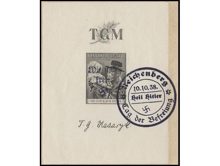 Masaryk-Block mit Stempel "Reichenberg 10.10.38" auf Briefstück, Pracht, sign. Mahr BPP (Mi. 3.000,-)