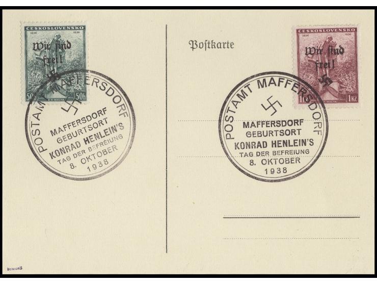 Macha 50 H. und 1 Kc. mit Stempel "MAFFERSDORF 8.10.38" auf Blanko-Karte, Kabinett, sign. Mahr BPP (500,-)