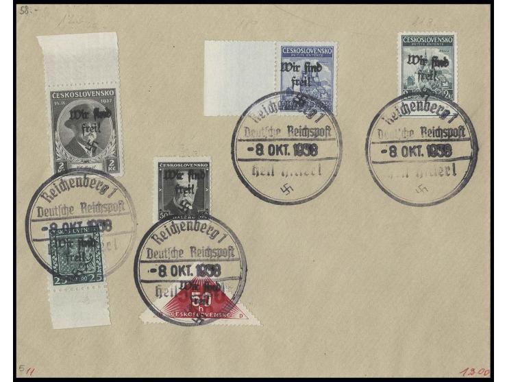 Hradschin 2 Kc. und 2,50 Kc. und Tod von Masaryk 50 H. und 2 Kc. sowie Mi.-Nr. 11 und 45 mit Stempel "Reichenberg 8.10.38" au