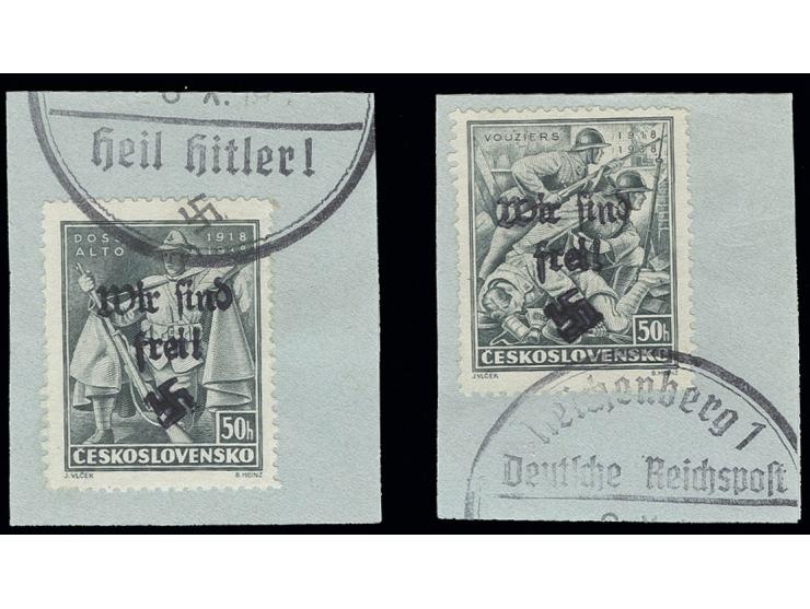 50 H. Legionärsmarken, 2 verschiedene mit Stempel "Reichenberg" auf Briefstücken, Kabinett, sign. Mahr BPP (Mi. 480,-)