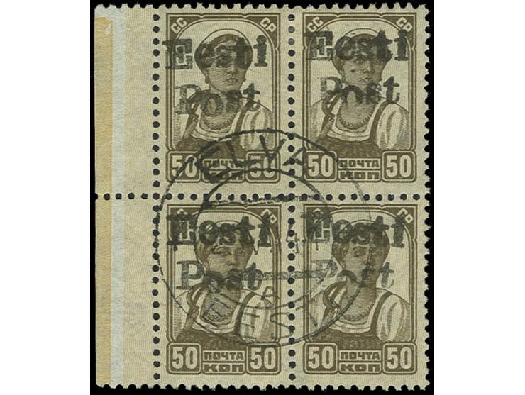 50 K. im Viererblock mit linkem Seitenrand, sauber gestempelt "ELVA A 25 VII 41", Kabinett, eine seltene Einheit sowie ein se