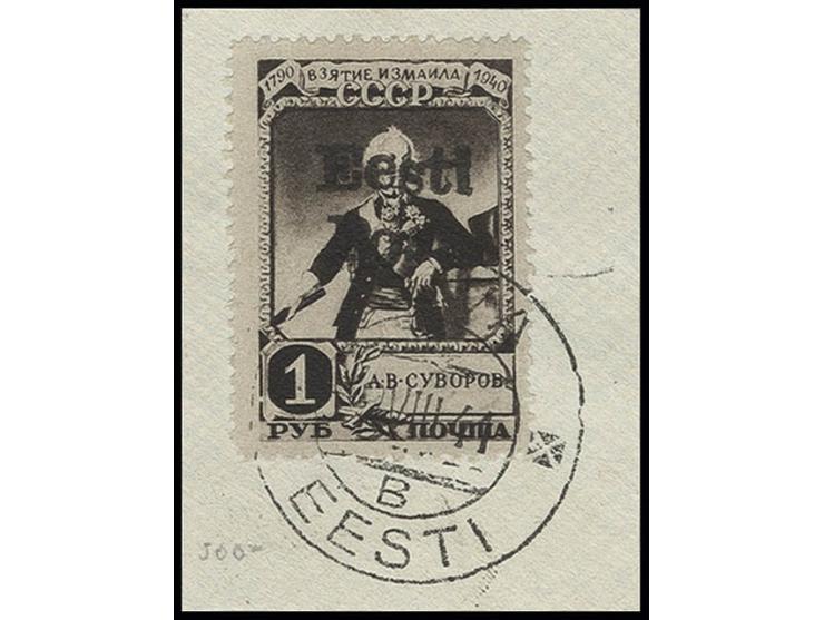 Suworow 1 Rbl. mit sauberem Stempel "ELVA -9 VIII 41" auf Briefstück, rechts ein fehlender Zahn, Auflage nur 100 Stück, u.a. 