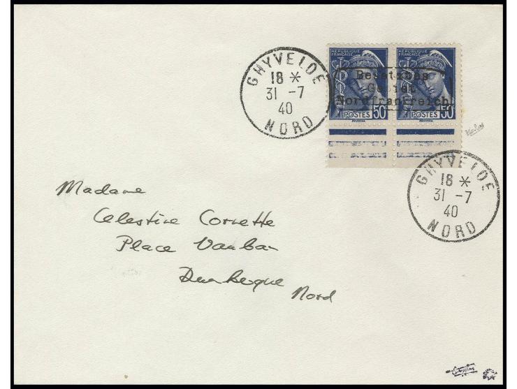 50 C. blau im waagerechten Unterrandpaar auf Brief aus "GHYVELDE 31.7.40" nach Dünkirchen, Kabinett, sign. Calves und Roumet