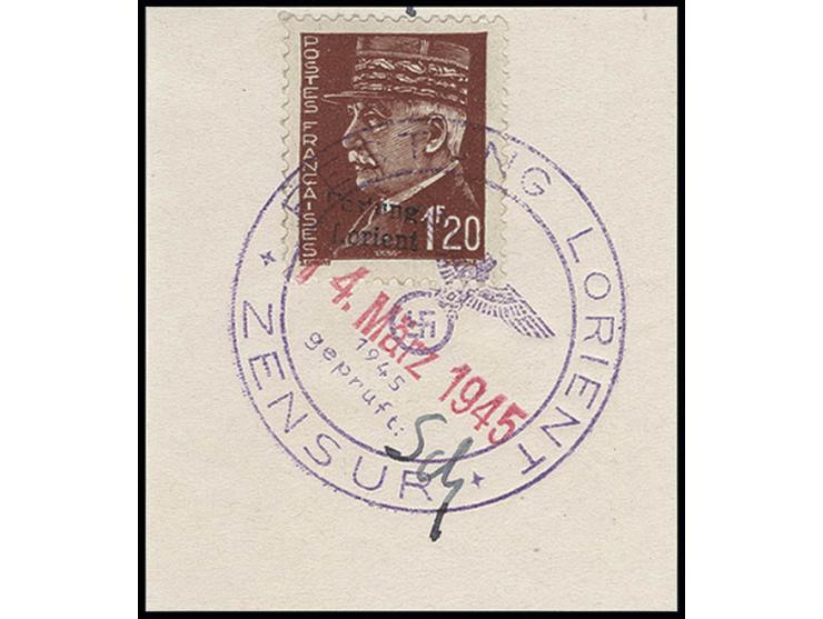 1.20 Fr. mit Stempel "FESTUNG LORIENT ZENSUR 14. März 1945" auf Briefstück, nebengesetzt die Paraphe des Zensuroffiziers Dr. 