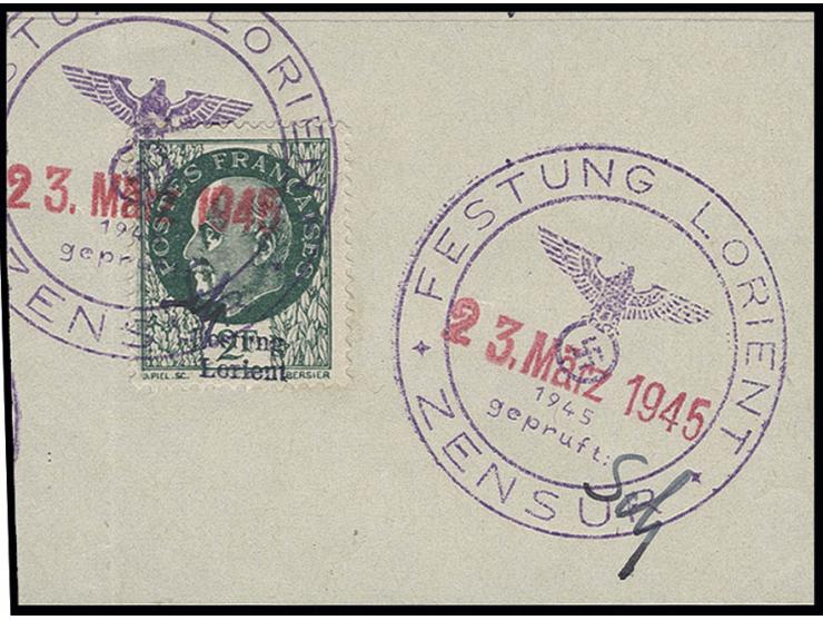 2 Fr. mit Stempel "FESTUNG LORIENT ZENSUR 23. März 1945" auf Briefstück, nebengesetzt die Paraphe des Zensuroffiziers Dr. Sch