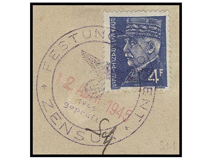4 Fr. mit Stempel "FESTUNG LORIENT ZENSUR 12. APRIL 1945" auf Briefstück, nebengesetzt die Paraphe des Zensuroffiziers Dr. Sc